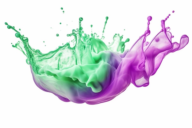 líquido de color de agua verde y púrpura o salpicadura de yogur en salpicadura de onda de fondo blanco aislado