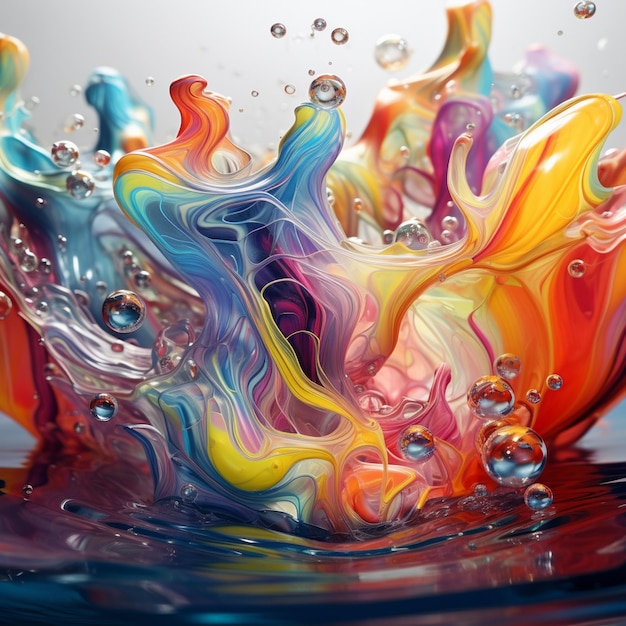 líquido colorido derramando em uma tigela de vidro com bolhas generativas ai
