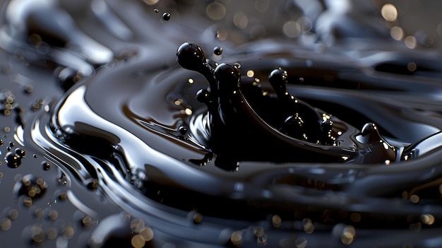 Líquido cosmético de color negro vertido sobre una superficie de primer plano que hace hincapié en la textura