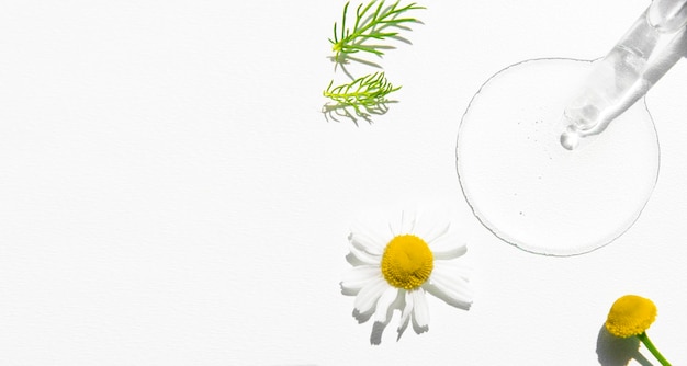 Líquido cosmético transparente para el cuidado del cuerpo sobre un fondo blanco con pancarta de flores de manzanilla