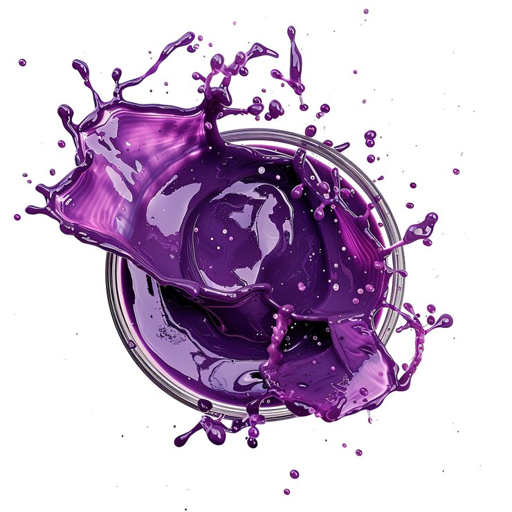 Foto líquido de smoothie roxo escuro salpicado e espalhado pelo chão de cima para baixo isolado branco