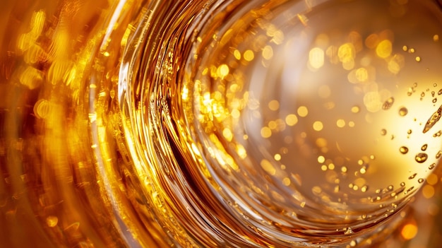El líquido dorado gira en una vista abstracta de primer plano