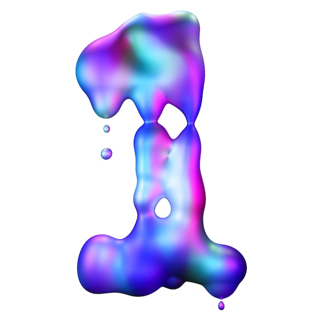 Líquido holográfico número 1 aislado sobre fondo blanco Fluido dinámico iridescente superficie futurista Número uno Forma fluida Elemento de diseño cortado Primer aniversario estilo Y2k 3D