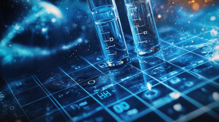 Líquido de laboratorio científico en tubos de vidrio en una pantalla digital