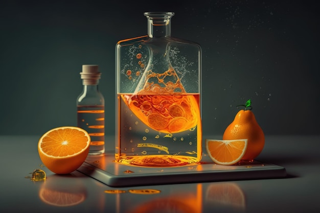 Líquido naranja y agua en un matraz en una mesa de investigación de laboratorio