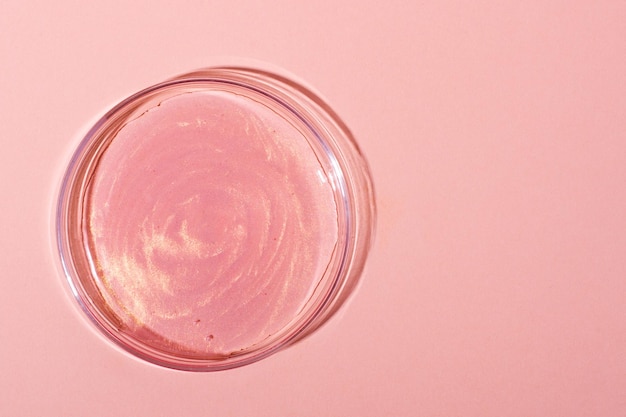 Líquido ouro rosa Ou um líquido rosa com purpurina Em uma placa de Petri Pesquisa laboratorial de cosméticos gel medicina Química