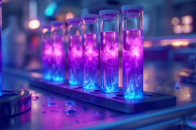 Líquido púrpura brillante vibrante en tubos de ensayo en el espacio de trabajo del laboratorio con fondo Bokeh