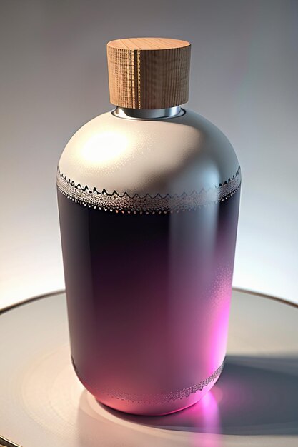 El líquido rosa violeta en la botella de vidrio es cristalino y hermoso a través de la luz.