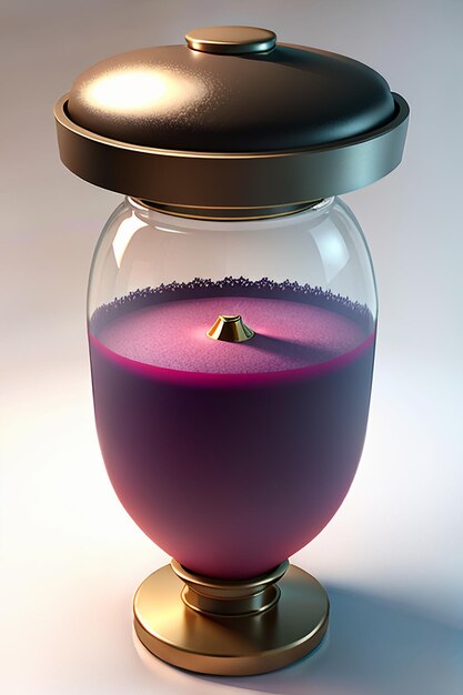 El líquido rosa violeta en la botella de vidrio es cristalino y hermoso a través de la luz.