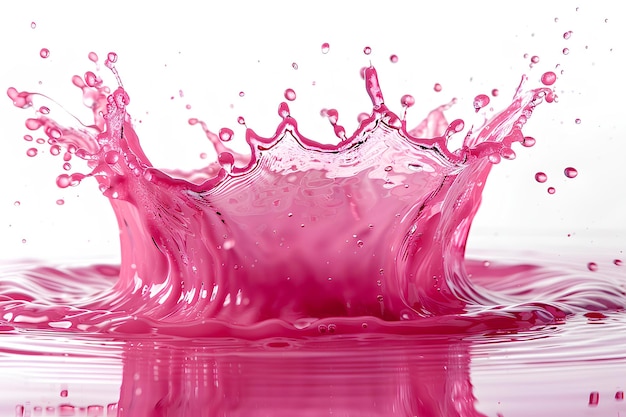 Un líquido rosado salpicando en el agua sobre un fondo blanco con un reflejo del agua y el