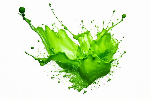 Foto líquido verde a salpicar no ar sobre um fundo branco ia generativa