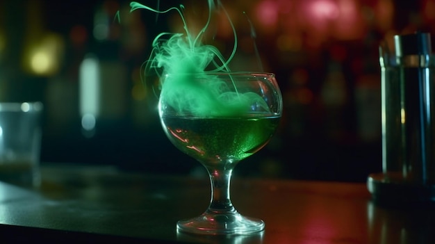 Un líquido verde en un vaso con un líquido verde dentro.