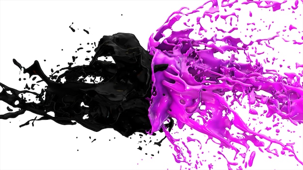 Foto líquidos roxos e pretos colidem, gotas splatter voar para os lados em um fundo branco e isolado