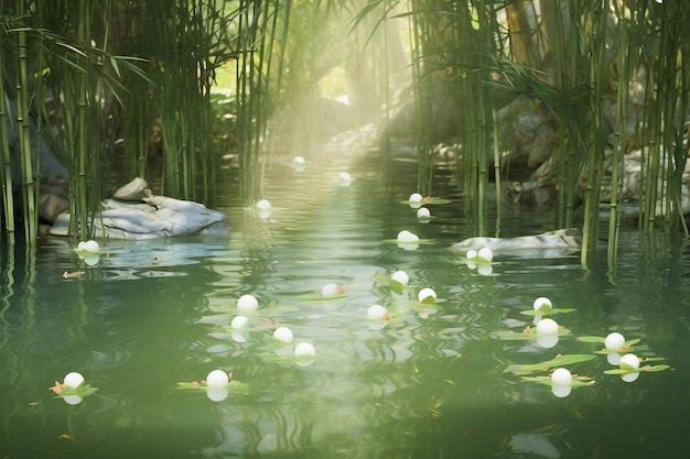 Foto lirio de agua en el estanque con hierba verde y fondo de luz solar