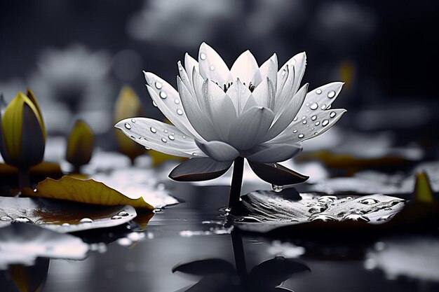 Foto un lirio de agua está flotando en un estanque con hojas y gotas de agua