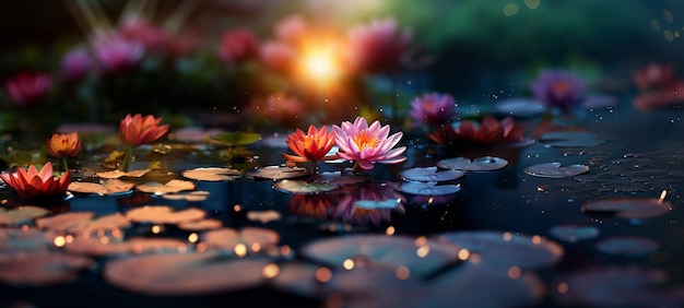 Foto lirio de agua en el lago reflejo de agua árboles en el bosque loto salvaje al atardecer