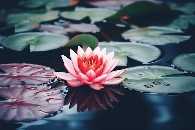 Foto lirio de agua de loto rojo floreciendo en la superficie del agua