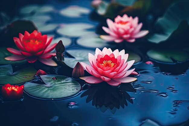 Lirio de agua de loto rojo que florece en la superficie del agua y hojas de color azul oscuro fondo de naturaleza de pureza tonificada