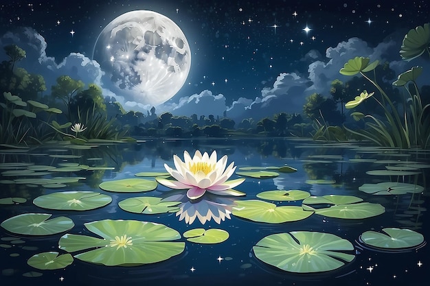 Lirio de agua y luna en la ilustración de la noche estrellada