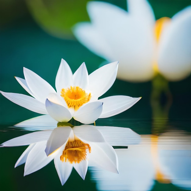 Foto lirio de agua con el reflejo de la flor de loto en el agua