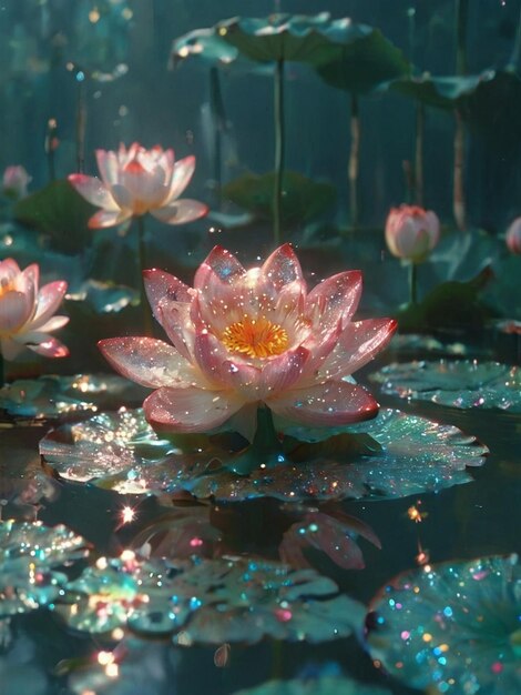 un lirio de agua rosa con gotas de agua y gotitas de agua