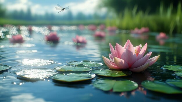 Lirio de agua rosa con libélula en un estanque