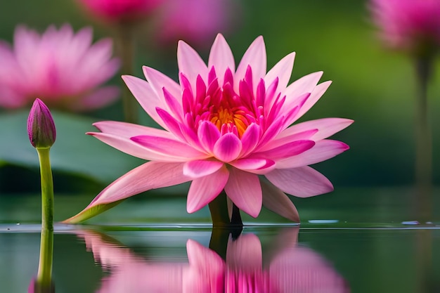 lirio de agua rosa con el reflejo de la flor de loto en el agua.