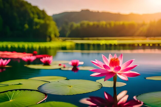 Foto un lirio de agua rosa se sienta en un estanque con una montaña en el fondo