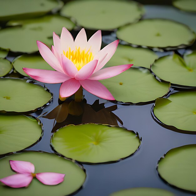 Foto un lirio de agua rosa se sienta en un estanque con otros lirios de agua