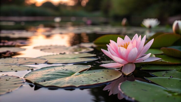 Lirio de agua rosado flotando en un estanque al atardecer