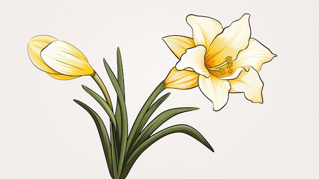 Foto lírio amarelo desenhado à mão e clipart de tulipas em fundo branco