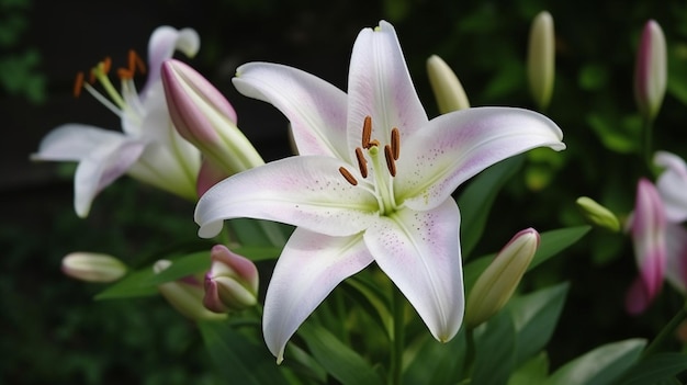 Un lirio blanco con rayas rosadas y moradas se sienta en un jardín.