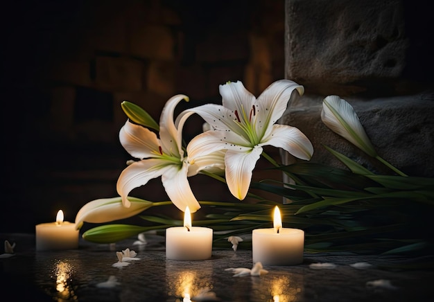 Lirio blanco y velas encendidas borrosas en la mesa en la oscuridad primer plano con espacio para texto Símbolo funerario