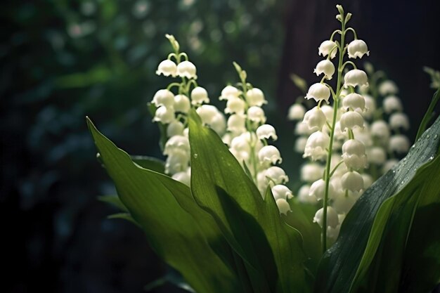 Lírio branco das flores do vale contra a folhagem escura criada com ai generativo