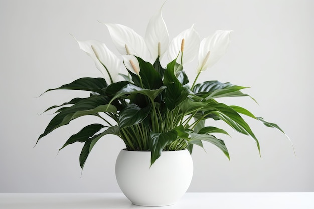 Lírio da paz Spathiphyllum em um pote branco sobre um fundo branco Generative AI