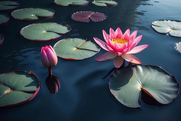 Foto lírio de água de lótus vermelho florescendo na superfície da água e folhas azuis escuras tonificadas pureza natureza fundo planta aquática símbolo do budismo