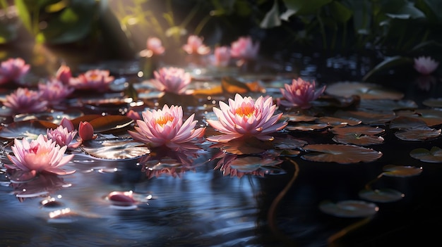 Foto lírio de água no lago reflexão de água árvores na floresta lótus selvagem no pôr do sol