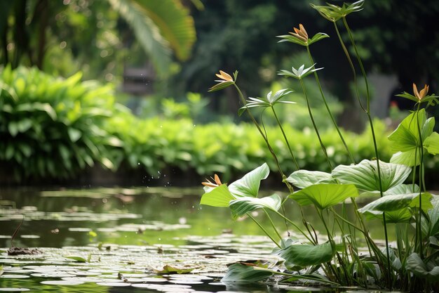 Foto lírio de água verde com libélula