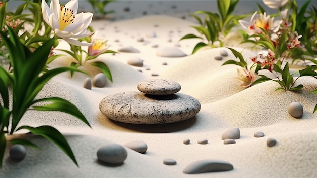 Lírio de areia e pedras de spa no jardim zen Generative Ai