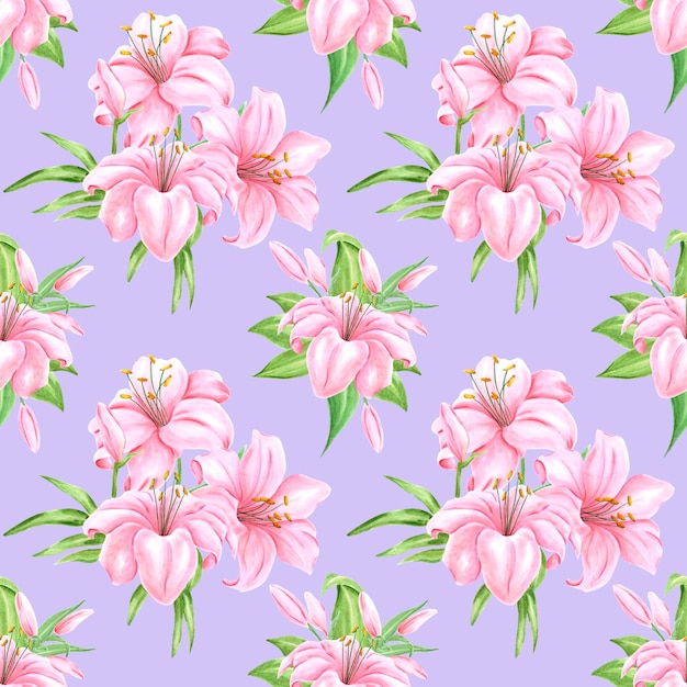 Lirio dibujado a mano flores de patrones sin fisuras Lirio rosa acuarela sobre fondo púrpura Diseño de bloc de notas tipografía cartel etiqueta banner textil