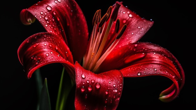 Un lirio rojo con gotas de agua