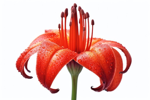 Un lirio rojo con gotas de lluvia