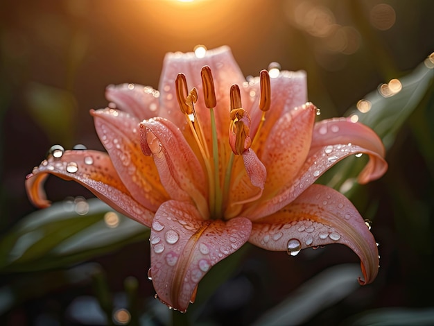 Lirio de rosa con gotas de agua en el jardín en un primer plano de la luz del atardecer