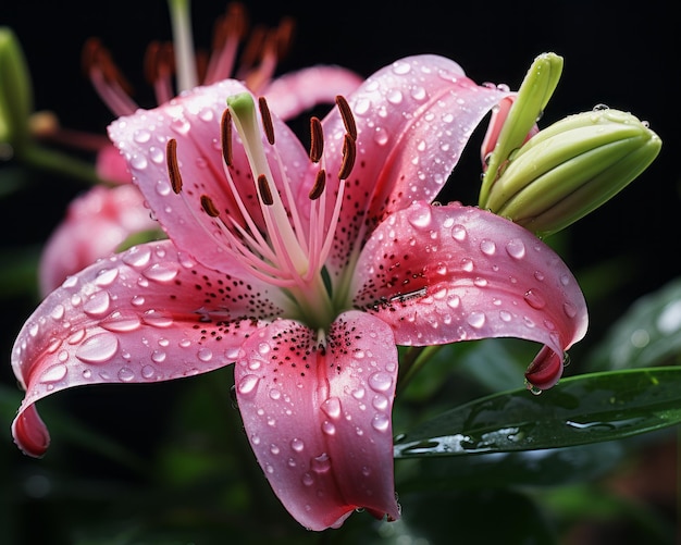 Un lirio rosa con gotas de agua