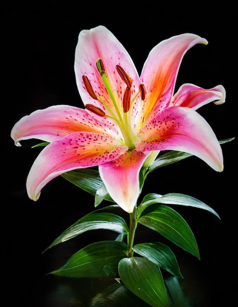 Foto un lirio rosa con un tallo verde y un fondo negro