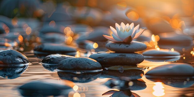 Foto lirios acuáticos y rocas turísticas en el lago al atardecer