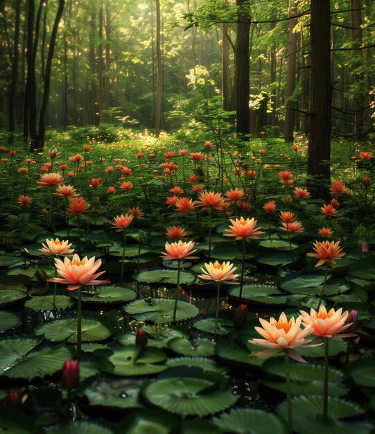 Foto lirios de agua naranjas en un bosque verde exuberante