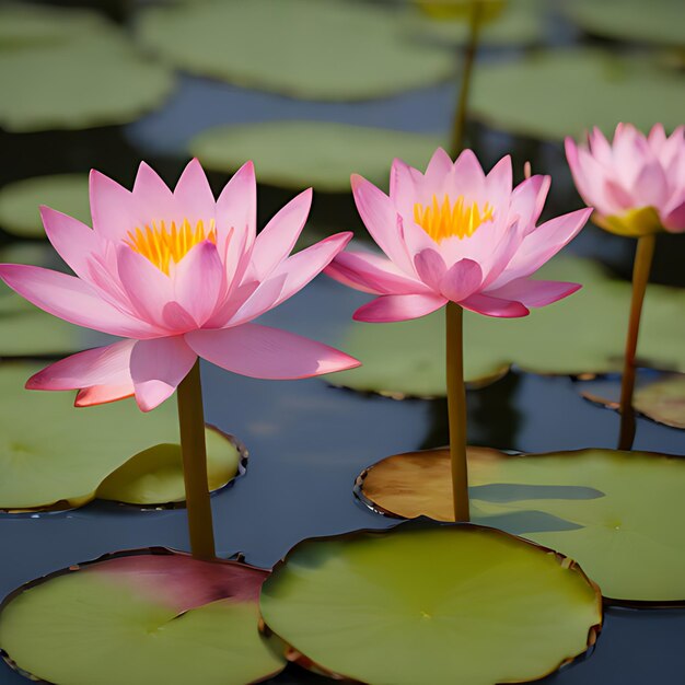 Foto lirios de agua rosados con el centro amarillo y el rosa que dice rosa