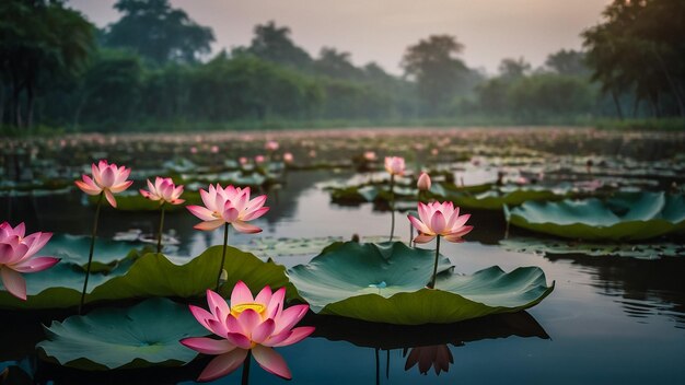 lirios de agua rosados en un estanque con árboles en el fondo