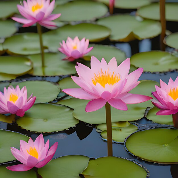 Foto lirios de agua rosados en un estanque con lilios de agua en el fondo